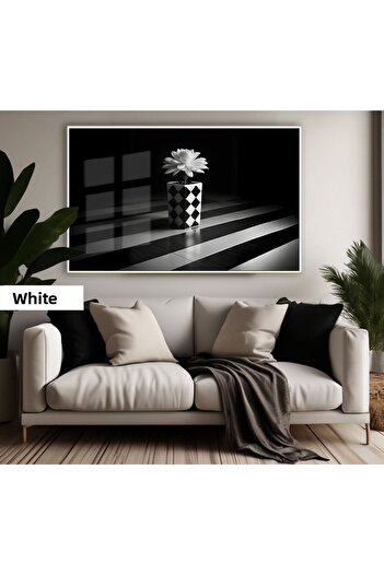 Harikabirev Amazing | Black&White Color Checkerboard Pattern Flower Model | Framed Tempered Glass Table Single Horizontal