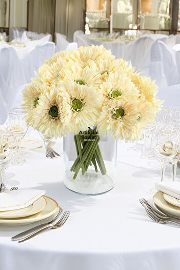 Yapay Çiçek Deposu Artificial Flower 6-Piece Quality Fringed Large Gerbera Bouquet Cream