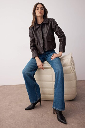 Trendyol Collection Dark Brown Faux Leather Shirt Collar Woven Jacket Twoaw26Ce00008