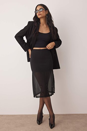 Trendyol Collection Black Stone Appliqued Midi Party Skirt Tpraw26Et00000