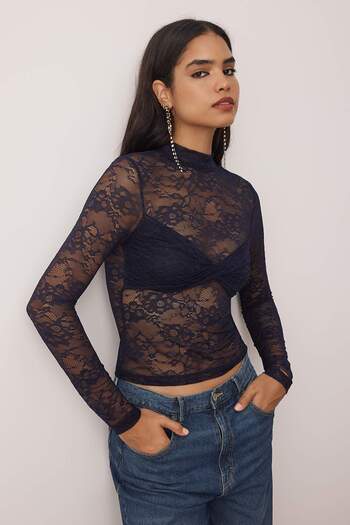 Trendyol Collection Navy Blue Stand Collar Lace Party Unlined Blouse Tpraw26Bz00017