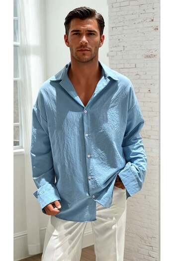King Brothers Ανδρικό πουκάμισο μπλε Loose Fit Oversize Linen Look Ayrobin