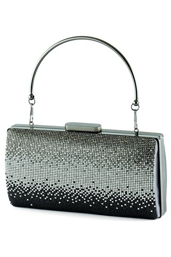 Erkan Saçmacı Anthracite Satin Gradient Crystal Stone Metal Handle Evening Clutch Bag