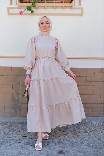 HARMONY GLOBAL Μπισκότα Sue ριγέ φόρεμα με πλισέ Seersucker Muslin Fabric Hijab 3025