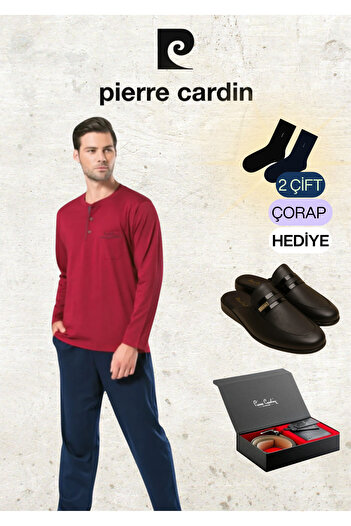 Pierre Cardin Boxed 100% Cotton Long Sleeve Burgundy Pajama Set & Leather Slippers & Genuine Leather Belt Wallet Set