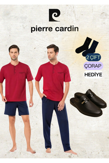 Pierre Cardin Men's Clothing 3 Piece Combed Cotton 100% Cotton Burgundy Pajamas Set & Leather Slippers Ol.Pc.5370.291