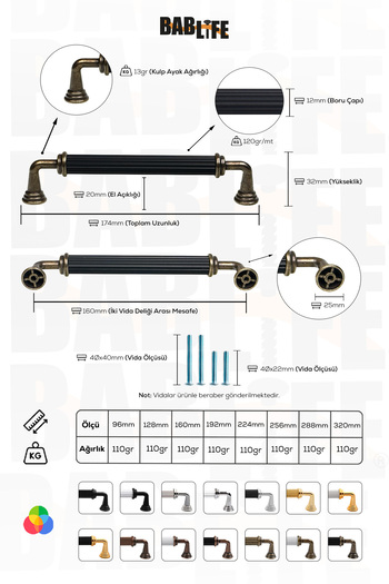 bablife Melis 160mm Black - Antique Yellow Metal Luxury Drawer Cabinet Furniture Handles with All Color Options