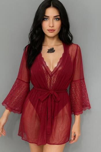 WİYONA Women's Burgundy Lace Bodysuit with Morning Dress