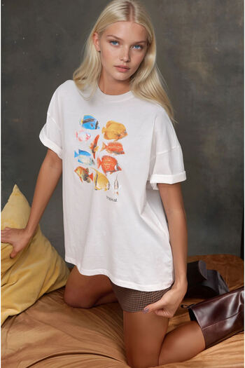 Hiccup Women's 100% Cotton Crew Neck Oversize White Printed T-Shirt