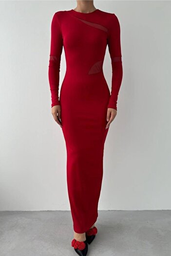 bayansepeti Stretchy Red Maxi Evening Dress - Long Sleeve, Transparent Detail and Slit Back 275