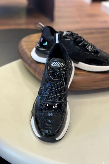 Paulo 1091 Written Parachute Black Genuine Leather Men's Sneakers