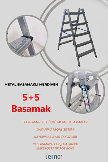 Teknor Çift Taraflı Dayanıklı 5+5 Metal Basamaklı Merdiven