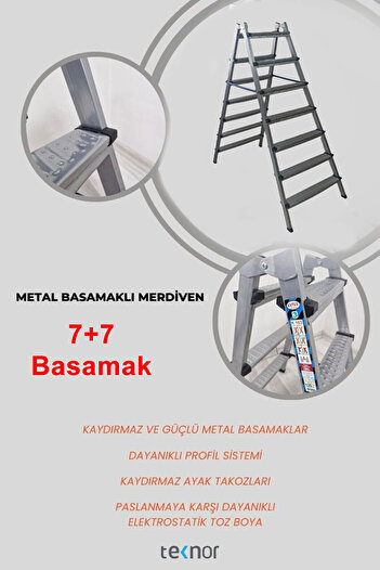 Teknor Çift Taraflı Dayanıklı 7+7 Metal Basamaklı Merdiven