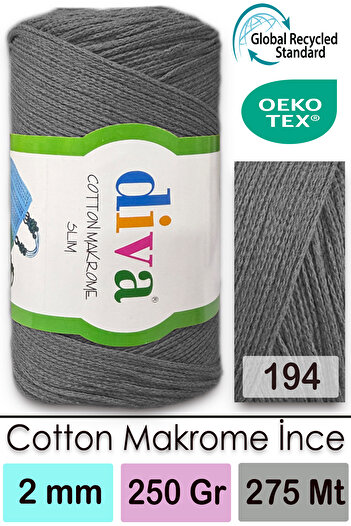 Diva İplik Diva Cotton Macrame - 194 Medium Grey Fine Design