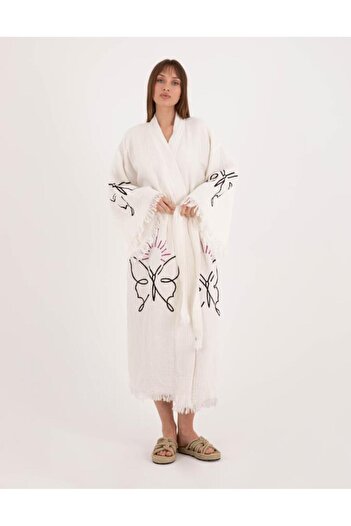 LaraLisa Collection 4 Layers Natural Muslin Cotton Fabric Chemical Treatment Unprocessed Hand Printed Kaftan Kimono Peshtemal Bathrobe