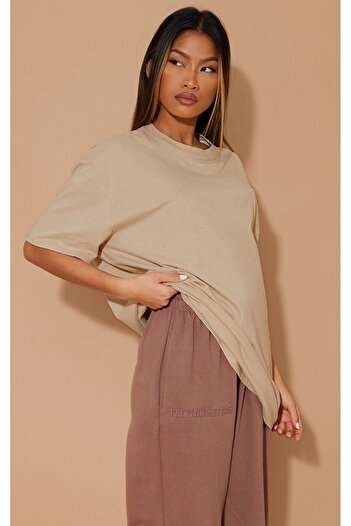 DUBU BUTİK Plain Single Jersey T-Shirt - Beige Oversize Crew Neck Short Sleeve T-Shirt