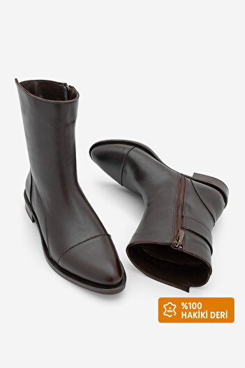 Marjin Women's Genuine Leather Casual Boots Zippered Tekas Brown