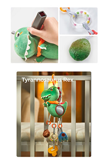 tumama Plush rattle toy with silicone gear, hanging, crumpled paper, dinosaur design