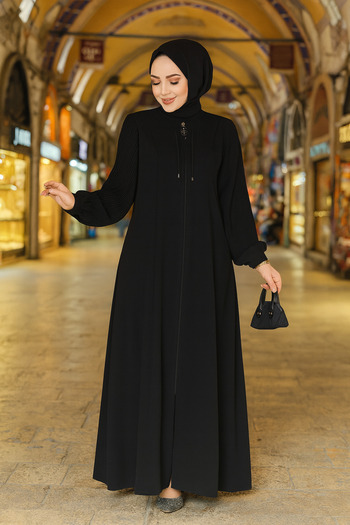 Neva Style Pile Detailed Black Hijab Abaya 45296S