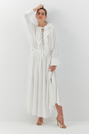 MARKALİSTE Ruffled Lace-Up Skirt Suit White