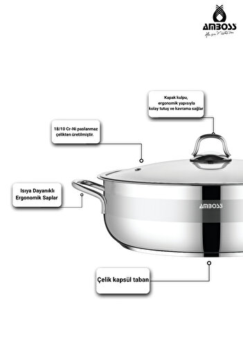 Amboss Saphire Stainless Steel 24cm Flattened Pot with Glass Lid