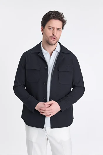 Frappoli Dolex Men's Navy Blue Diagonal Lycra Fabric Overshirt Sports Jacket
