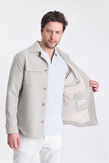 Frappoli Dolex Erkek Bej Diağonel Likralı Kumaşlı Overshirt Spor Ceket