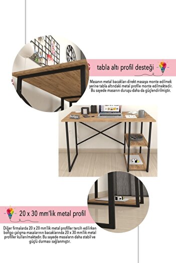 Bofigo 2 Raflı Çalışma Masası Bilgisayar Masası Ofis Ders Masası + 5 Raflı Kitaplık Metal Kitaplık Çam