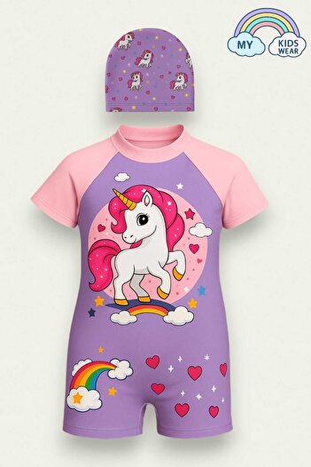 My Kids Wear Girl's Full Body Back Zipper Swimsuit Cute Pattern Printed Bonnet Suit