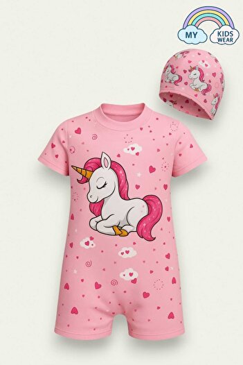 My Kids Wear Girl's Full Body Back Zipper Swimsuit Cute Pattern Printed Bonnet Suit