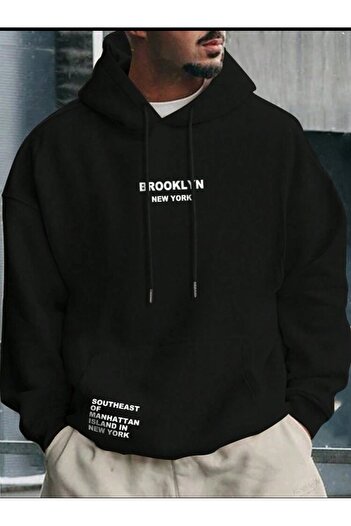 VBSVİBES Hooded Oversize Sweatshirt Black BROOKLYN NEWYORK
