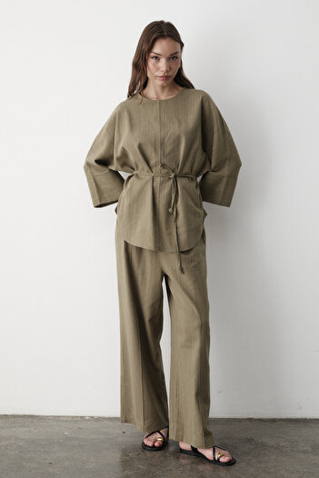 JASTE Women's Khaki Linen Oversize Top Blouse & Elastic Wide Leg Pants Bottom & Top Set