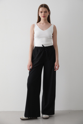 JASTE Women's Black Elastic Waist Wide Leg Palazzo Pants