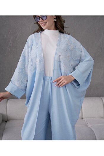 By-esq Women's Floral Patterned Stone Embroidered Cotton Kimono Pants Double Set