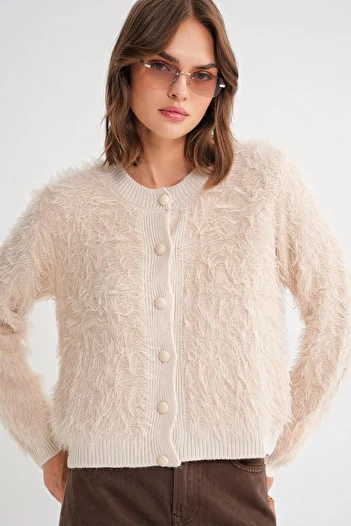 Mixray 6897 Model Natural Colored Women's Knitwear Cardigan - Long Beard and Tape Detail