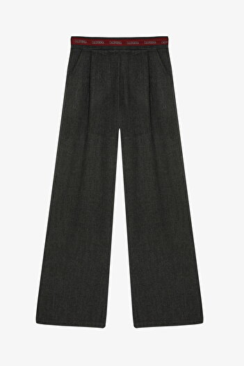 Quzu Pins Stripe Waist Detail Wide Leg Trousers Anthracite
