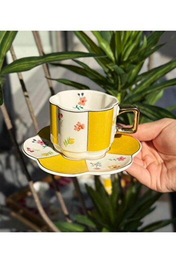 Onedekor Set of 6 Lissome Yellow Flower Porcelain Coffee Cups 90Cc