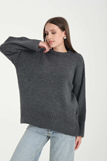 İLKCET MODA Oversize Basic Füme Uzun Kadın Kazak