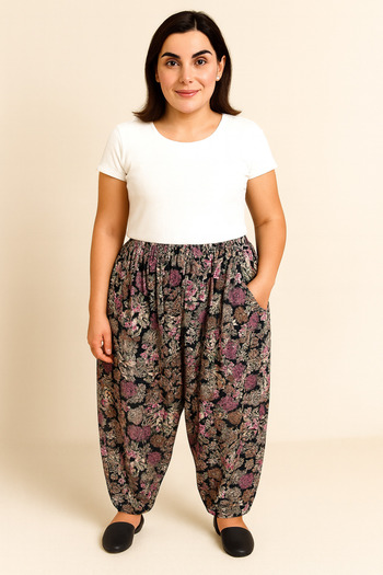 sinankardeşler Viscose Patterned Large Size Women's Shalwar - Elastic Pockets