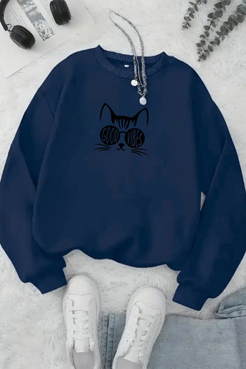 Sweetline Unisex Navy Blue Good Vibes Cat Printed Crew Neck Sweatshirt - Winter Embossed Fabric