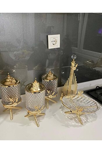 AZADE BAKIR Brass Japongul 3-Piece Jar, Stick Roller and Single Glass Presentation Set of 3