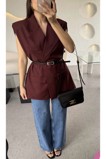 My Blog Burgundy Pocket Detailed Belted Vest - 7449
