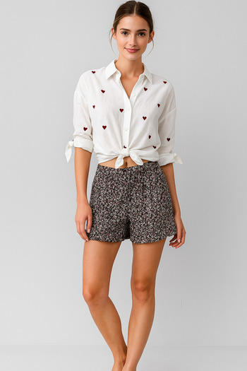 OYERGA MODA Women's Heart Patterned Sleeve Detailed Shirt