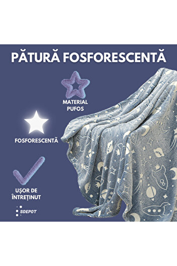 SDEPOT SDEPOT phosphorescent blanket, soft and glow-in-the-dark material, blue with white ships