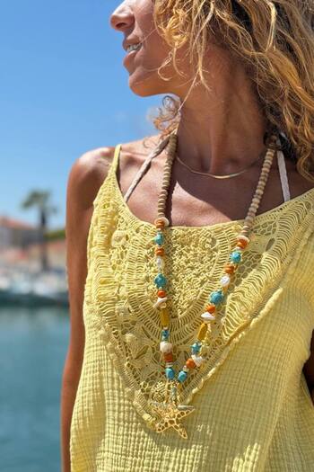 Güneşkızı Long Design Necklace with Wooden Beads and Star Object