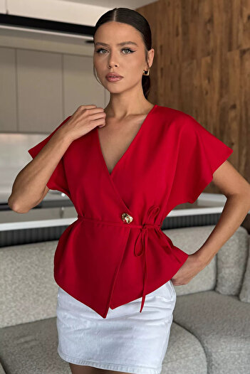 julude Red Double Breasted Collar Waist Lace up Sleeveless Short Jacket