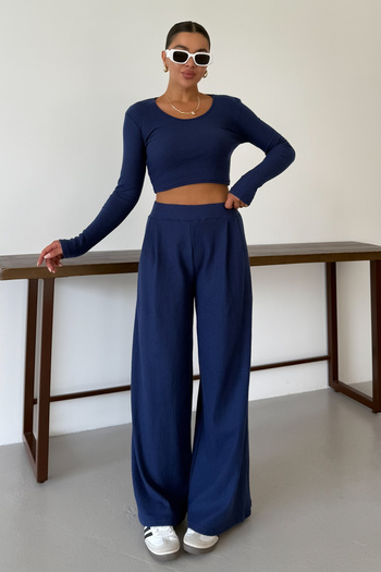 MODAGEN Women's Navy Blue Round Neck Blouse Bottom-Top Pants Interlock Suit