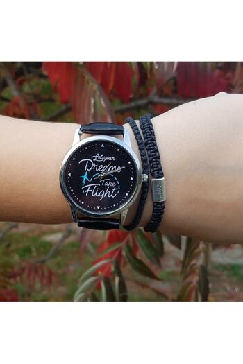 Skymag Women's watch with message "Let your dreams take flight", black eco-leather strap, quartz mechanism