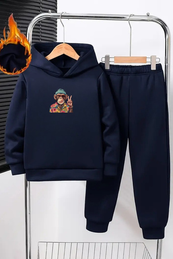 CLAYES Kids Hooded Tracksuit Set – Navy Blue Shape Monkey Printed Sweat & Jogger