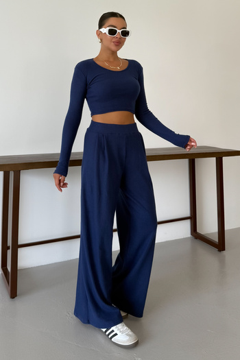 MODAGEN Women's Navy Blue Round Neck Blouse Bottom-Top Pants Interlock Suit